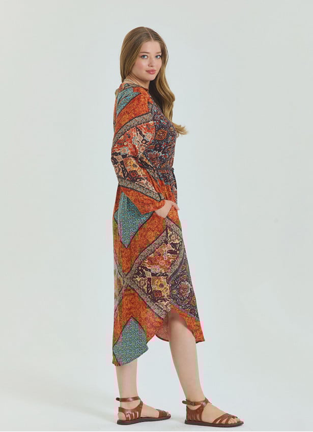 Shirt Collar Belt Detailed Coffee Patterned Casual Plus Size Dress 4614